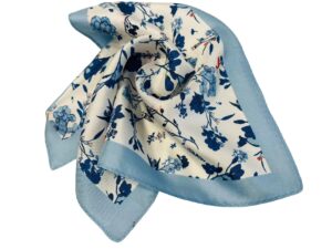 handkerchief, men's pocket, silk square scarf, blue flower and bird pattern, oriental art