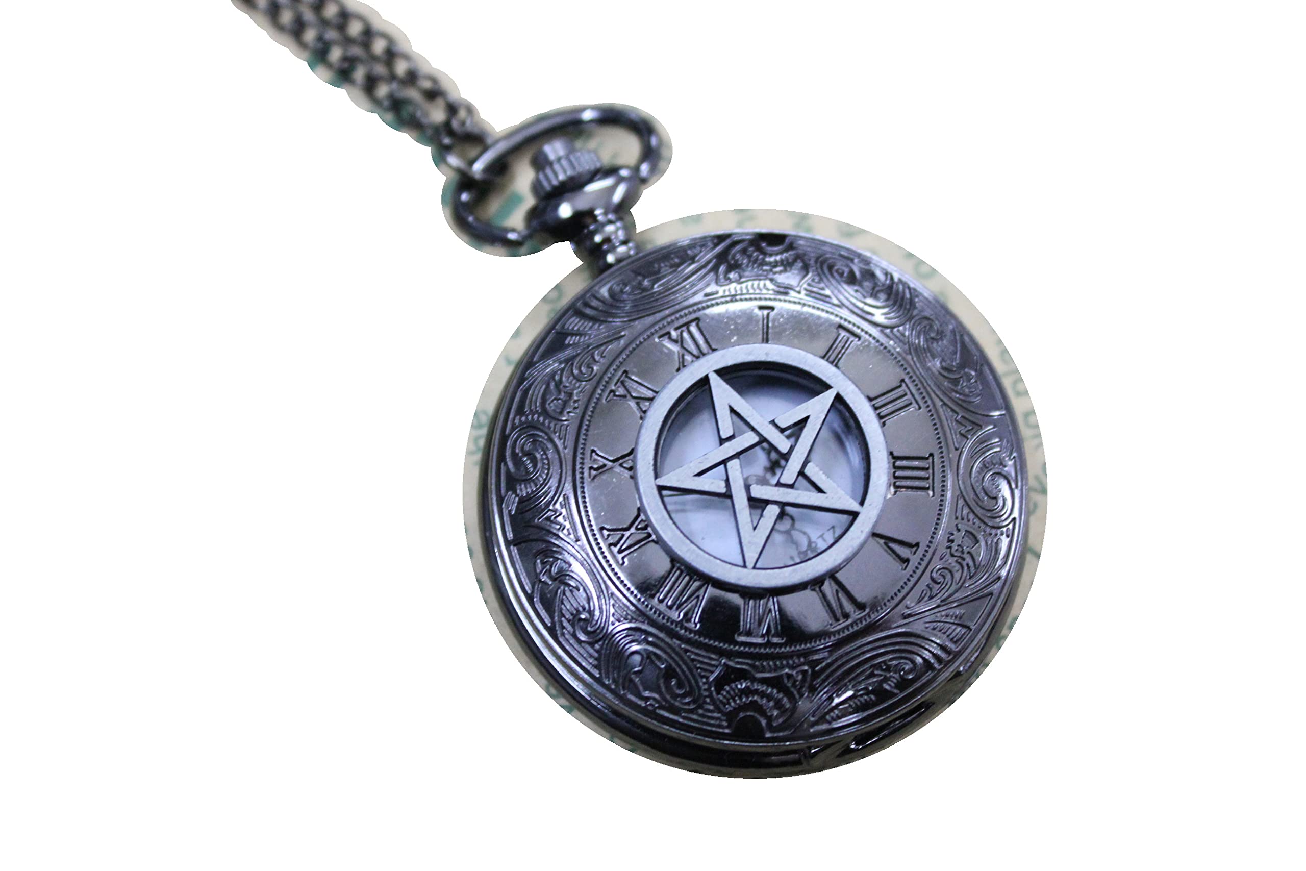 TARAKI Gun Black Pentagram Pocket Watch, Wicca Watch,Pentagram Watch Necklace