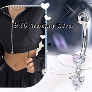 OUFER 14G Belly Rings, Dangle Belly Button Ring, 925 Sterling Silver Heart Belly Piercing Jewlery, Clear CZ Navel Piercing Jewelry for Women Men