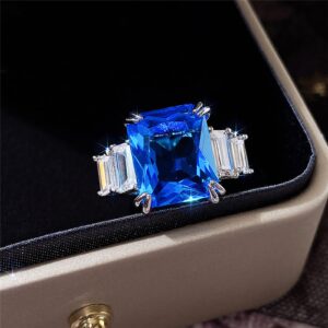 Psiroy Women's 925 Sterling Silver Plated Emerald Cut Simulated Blue Topaz Ring Size 8