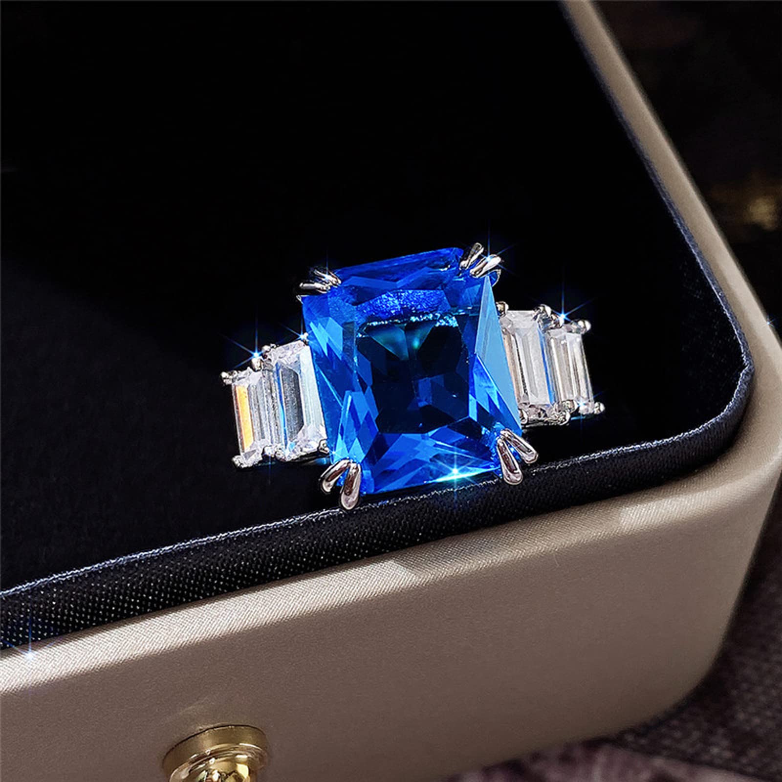 Psiroy Women's 925 Sterling Silver Plated Emerald Cut Simulated Blue Topaz Ring Size 8