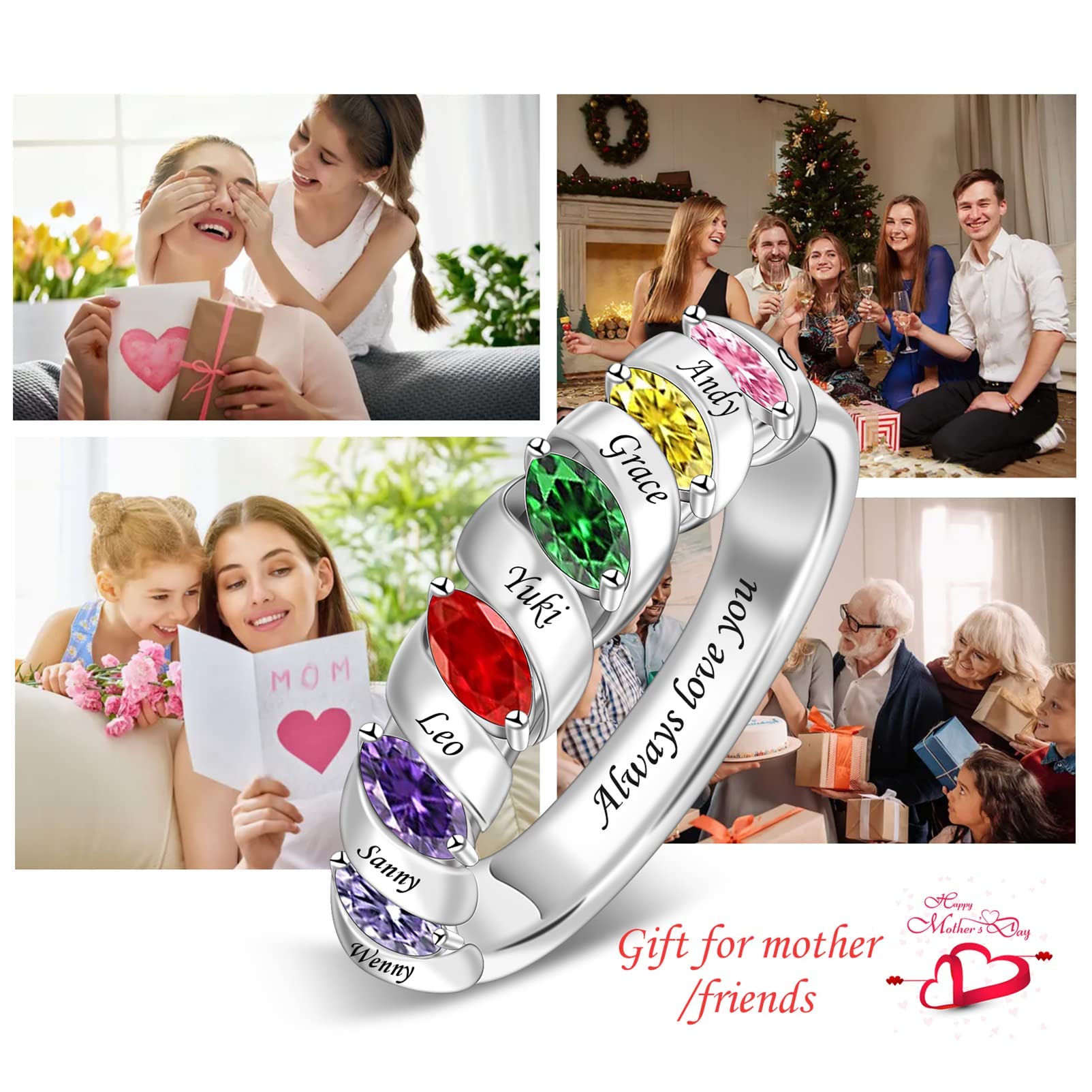 BAUMA AUTO Personalized Mothers Rings with 6 Simulated Birthstones Engraved Family Name Customized Rings to Her Birthday Anniversary Promise Name Rings Meaningful Gift for Mom Wife Grandma (Style 7)