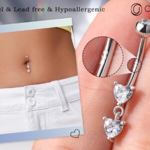 OUFER 14G Belly Rings, Dangle Belly Button Ring, 925 Sterling Silver Heart Belly Piercing Jewlery, Clear CZ Navel Piercing Jewelry for Women Men