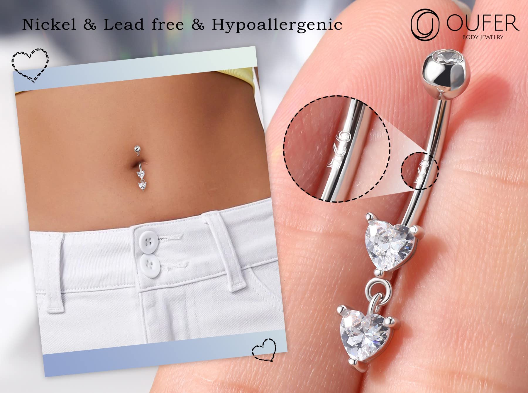 OUFER 14G Belly Rings, Dangle Belly Button Ring, 925 Sterling Silver Heart Belly Piercing Jewlery, Clear CZ Navel Piercing Jewelry for Women Men