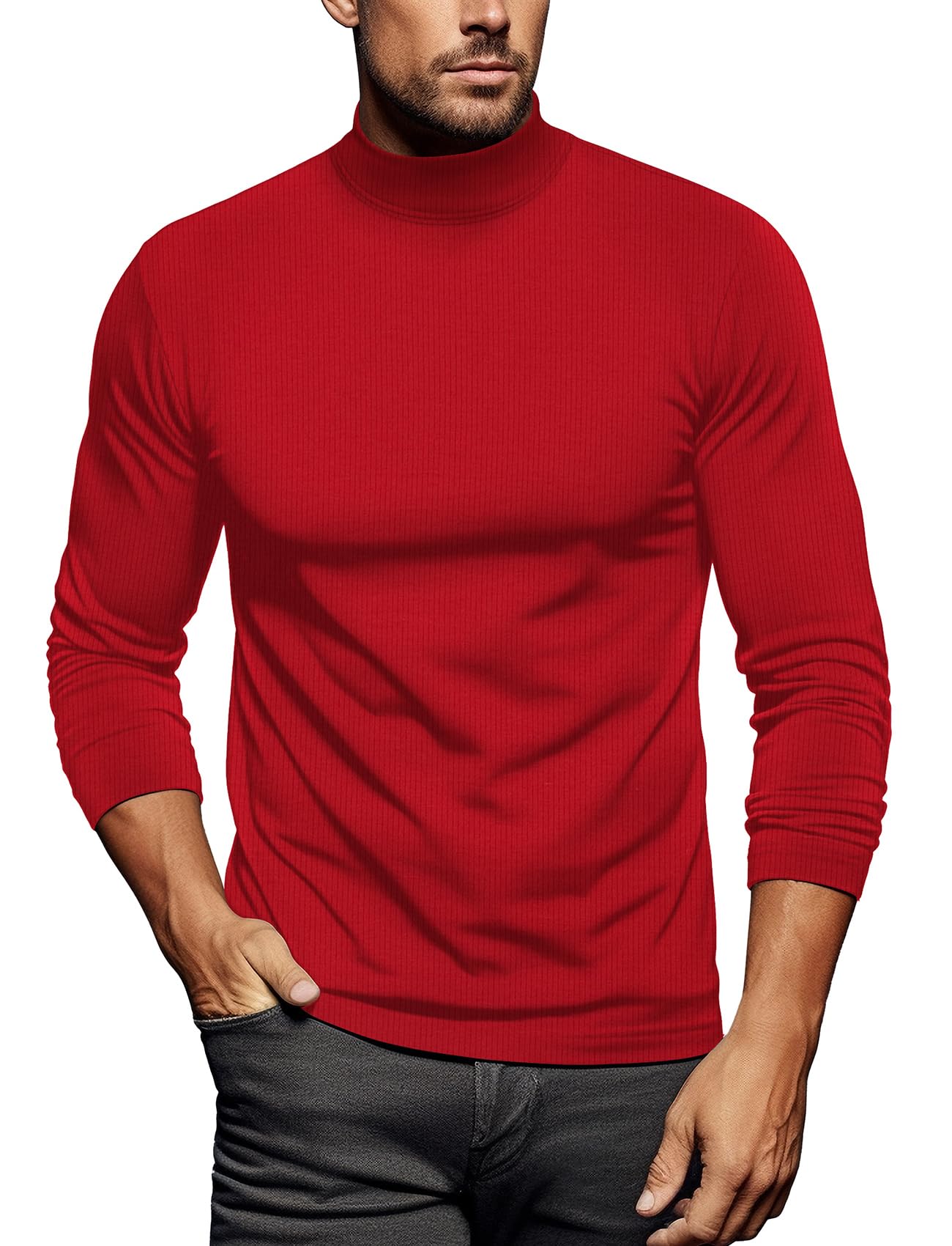 Mock Turtleneck for Men Thermal(Red,XL)