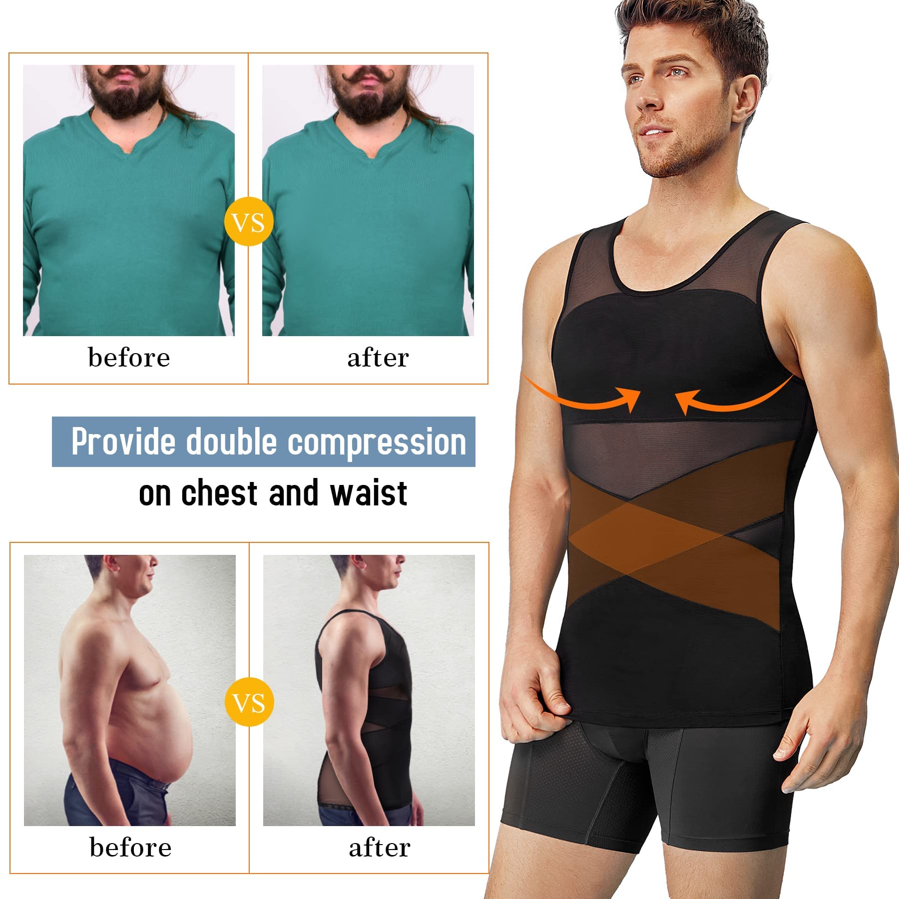 Arjen Kroos Men's Body Shaper Compression Mesh Tank Top Undershirts Shapewear,BLACK-ML4005,XXL