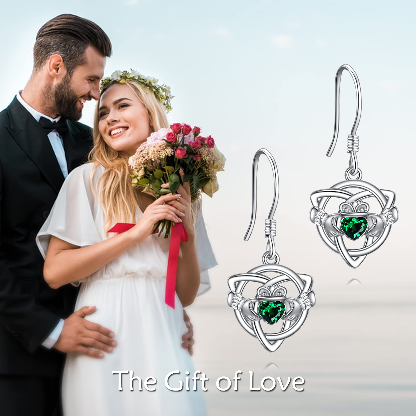 VONALA Claddagh Earrings with Emerald Crystal 925 Sterling Silver Irish Celtic Knot Heart Dangle Dangling Drop Charm Earrings Valentines Day Jewelry Gifts for Women