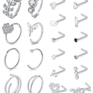 Mayhoop 20G Stainless Steel Nose Rings Nose Studs L Shape Nose Rings Studs Nose Screw Bone Diamond Heart Corkscrew Nose Ring Nostril Nose Piercing Jewelry For Women Men