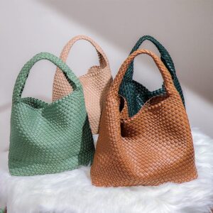 Leather Weave Purses For Women Fashion Shoulder Hobo Bags Woven Tote Handbag Top Handle Bucket Bags (Creamy-White)