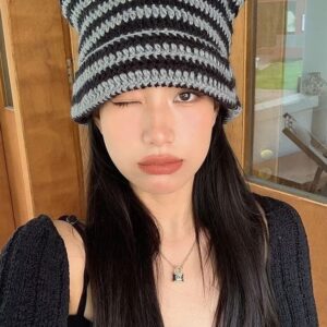 Women Harajuku Knitted Crochet Hats Striped Cat Beanie Grunge Accessories Slouchy Beanies for Women Black