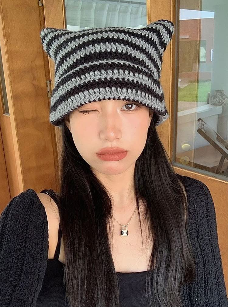 Women Harajuku Knitted Crochet Hats Striped Cat Beanie Grunge Accessories Slouchy Beanies for Women Black