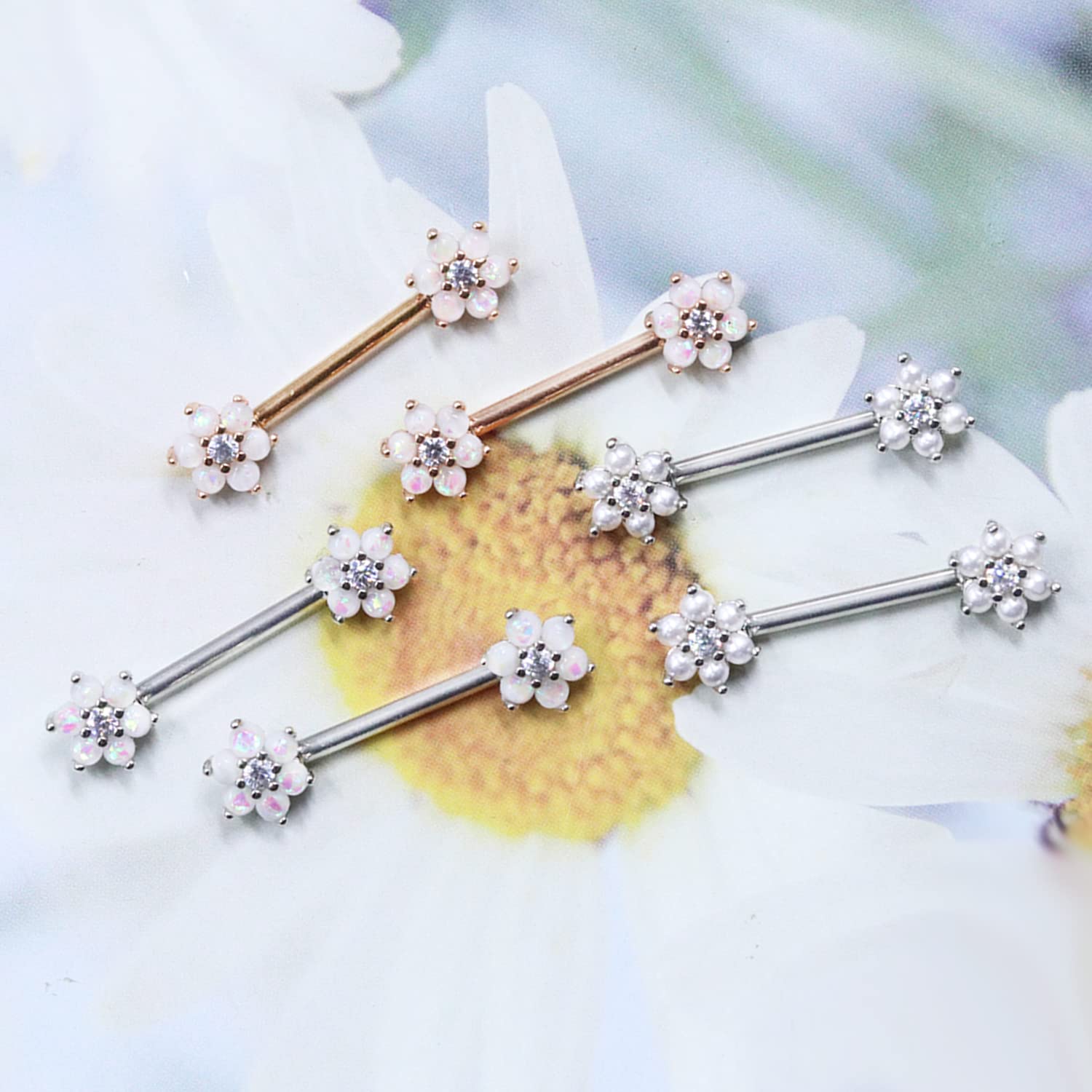 BODY16G CZCZ 14G Flower Nipple Rings 316L Stainless Steel Nipple Ring Opal Nipple Barbell Nipple Piercing Jewelry for Women