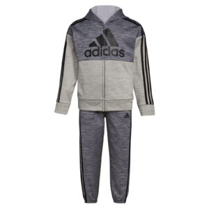 adidas Boys' Long Sleeve Color Block Mélange Fleece Jacket Set, Charcoal Grey Heather, 4