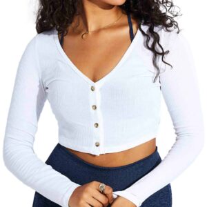 Santch Cropped Long Sleeve Workout Yoga Tops Ribbed Athletic Sport Shirt Tennis Tops Gym Tops for Women White M