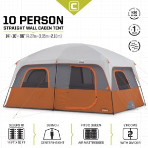 CORE 10 Person Straight Wall Cabin Tent with Included Footprint and Tent Kit