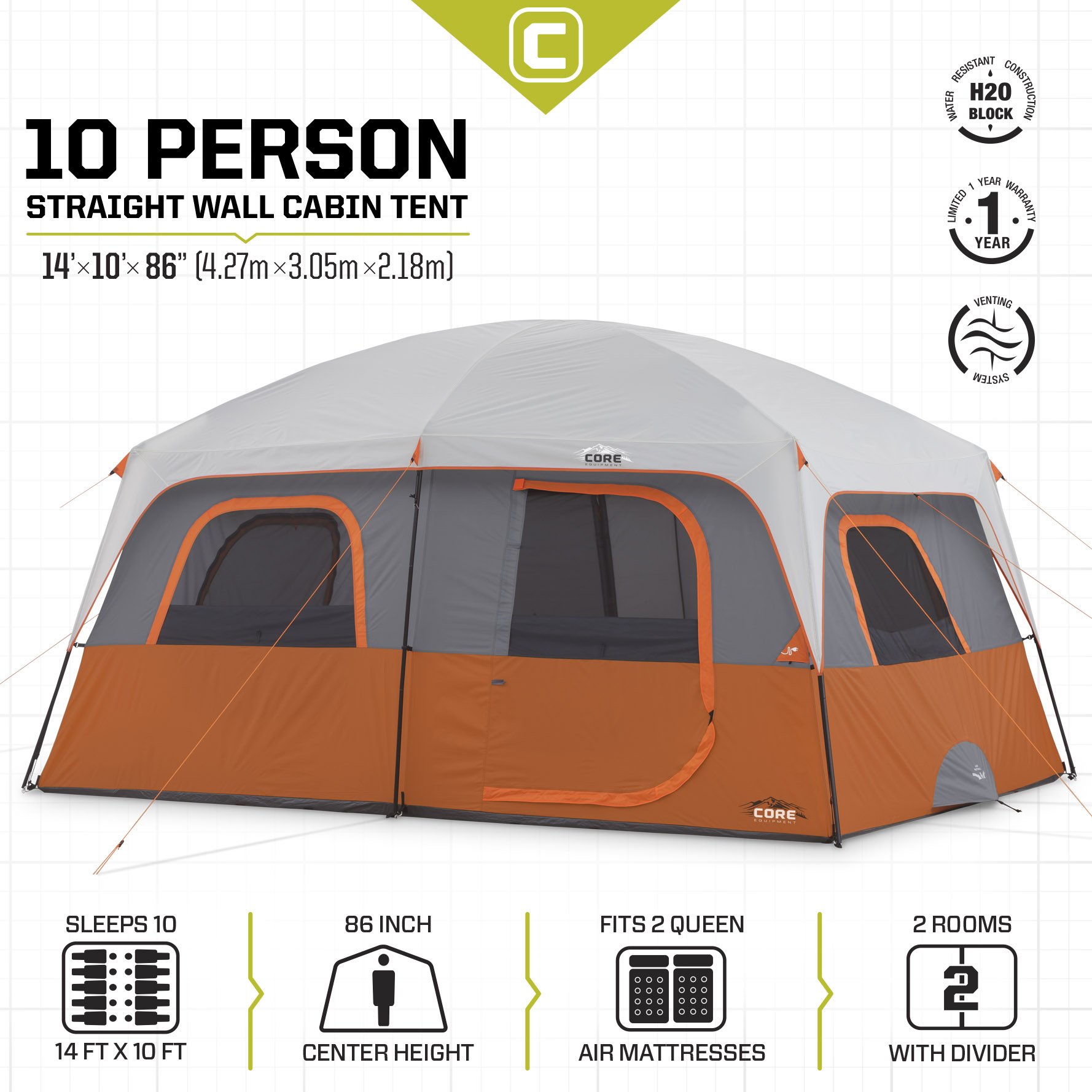 CORE 10 Person Straight Wall Cabin Tent with Included Footprint and Tent Kit