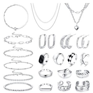 sanfenly 21 pcs silver jewelry set with 3 pcs silver plated necklaces, 5 pcs chain bracelets, 3 pairs hoop earrings, 10 pcs chunky rings for women fashion jewelry valentine anniversary birthday gift