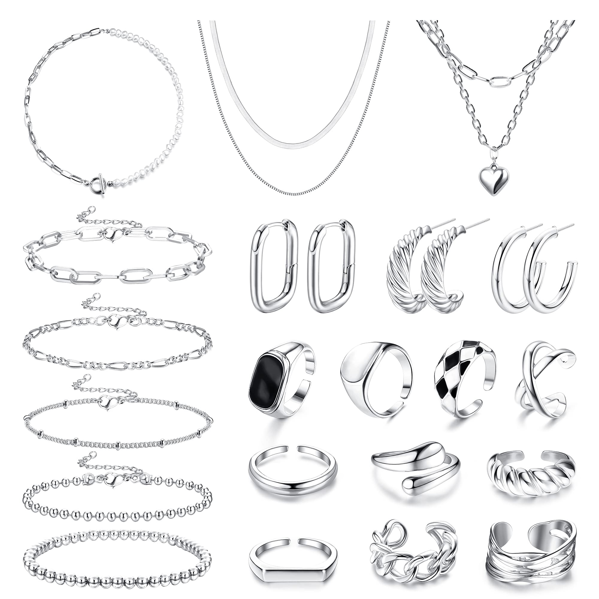 Sanfenly 21 PCS Silver Jewelry Set with 3 PCS Silver Plated Necklaces, 5 PCS Chain Bracelets, 3 Pairs Hoop Earrings, 10 Pcs chunky Rings for Women Fashion Jewelry Valentine Anniversary Birthday Gift