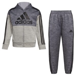 adidas boys' long sleeve color block mélange fleece jacket set, charcoal grey heather, 4