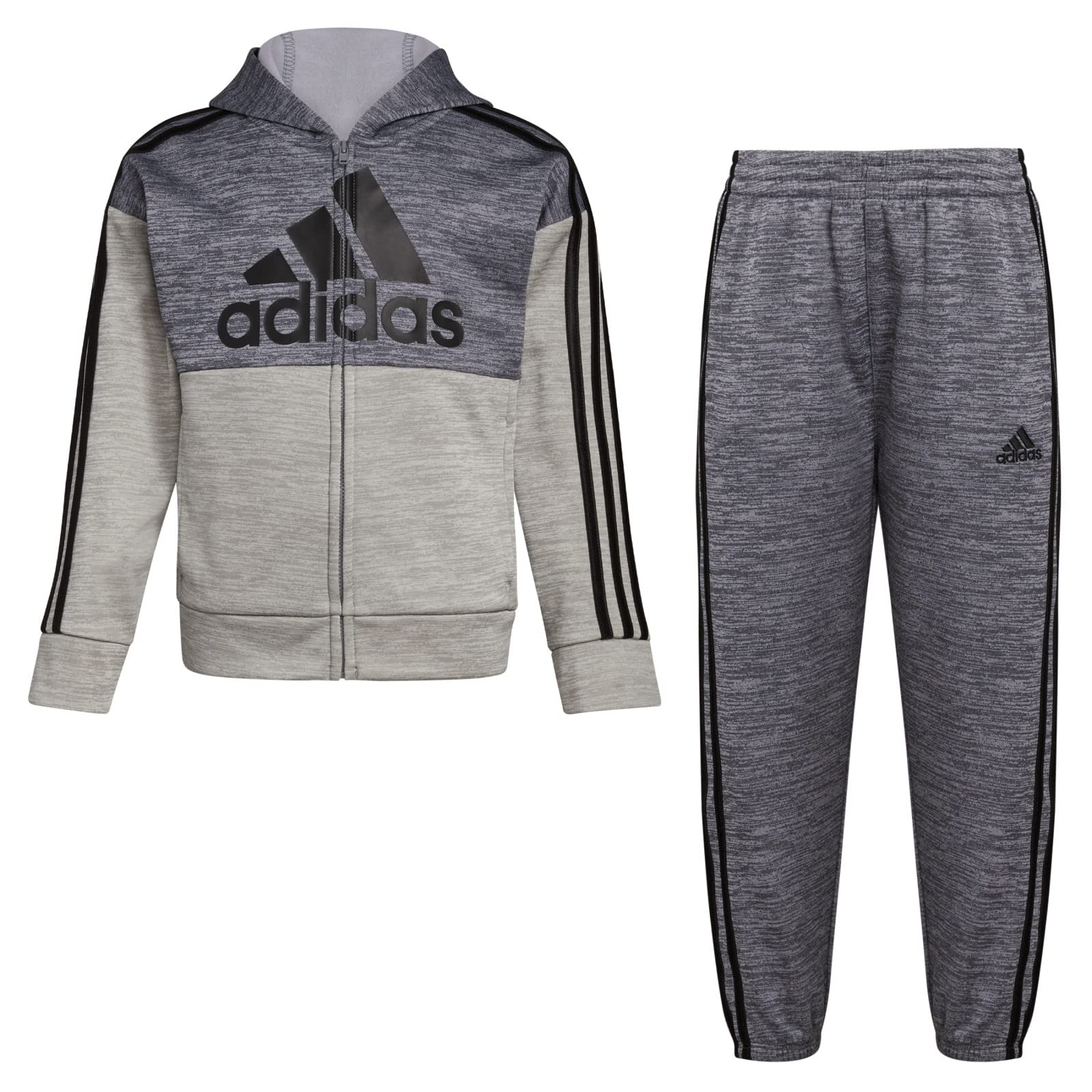 adidas Boys' Long Sleeve Color Block Mélange Fleece Jacket Set, Charcoal Grey Heather, 4