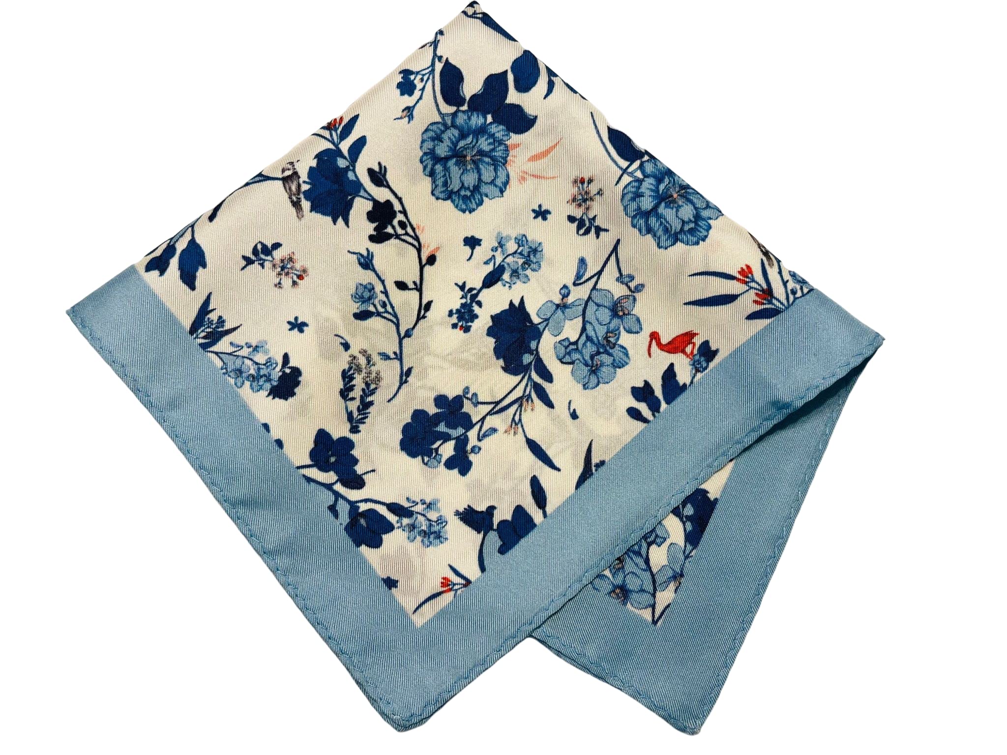 Handkerchief, men's pocket, silk square scarf, blue flower and bird pattern, oriental art