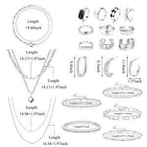 Sanfenly 21 PCS Silver Jewelry Set with 3 PCS Silver Plated Necklaces, 5 PCS Chain Bracelets, 3 Pairs Hoop Earrings, 10 Pcs chunky Rings for Women Fashion Jewelry Valentine Anniversary Birthday Gift