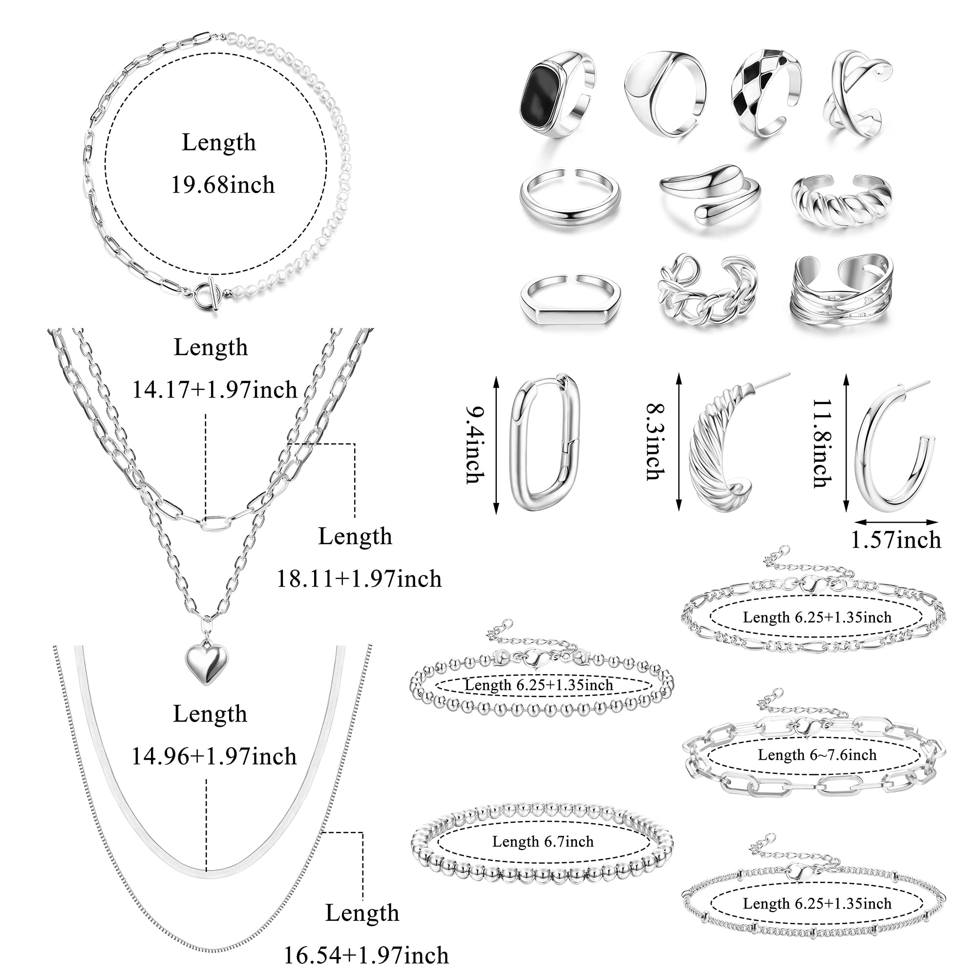 Sanfenly 21 PCS Silver Jewelry Set with 3 PCS Silver Plated Necklaces, 5 PCS Chain Bracelets, 3 Pairs Hoop Earrings, 10 Pcs chunky Rings for Women Fashion Jewelry Valentine Anniversary Birthday Gift