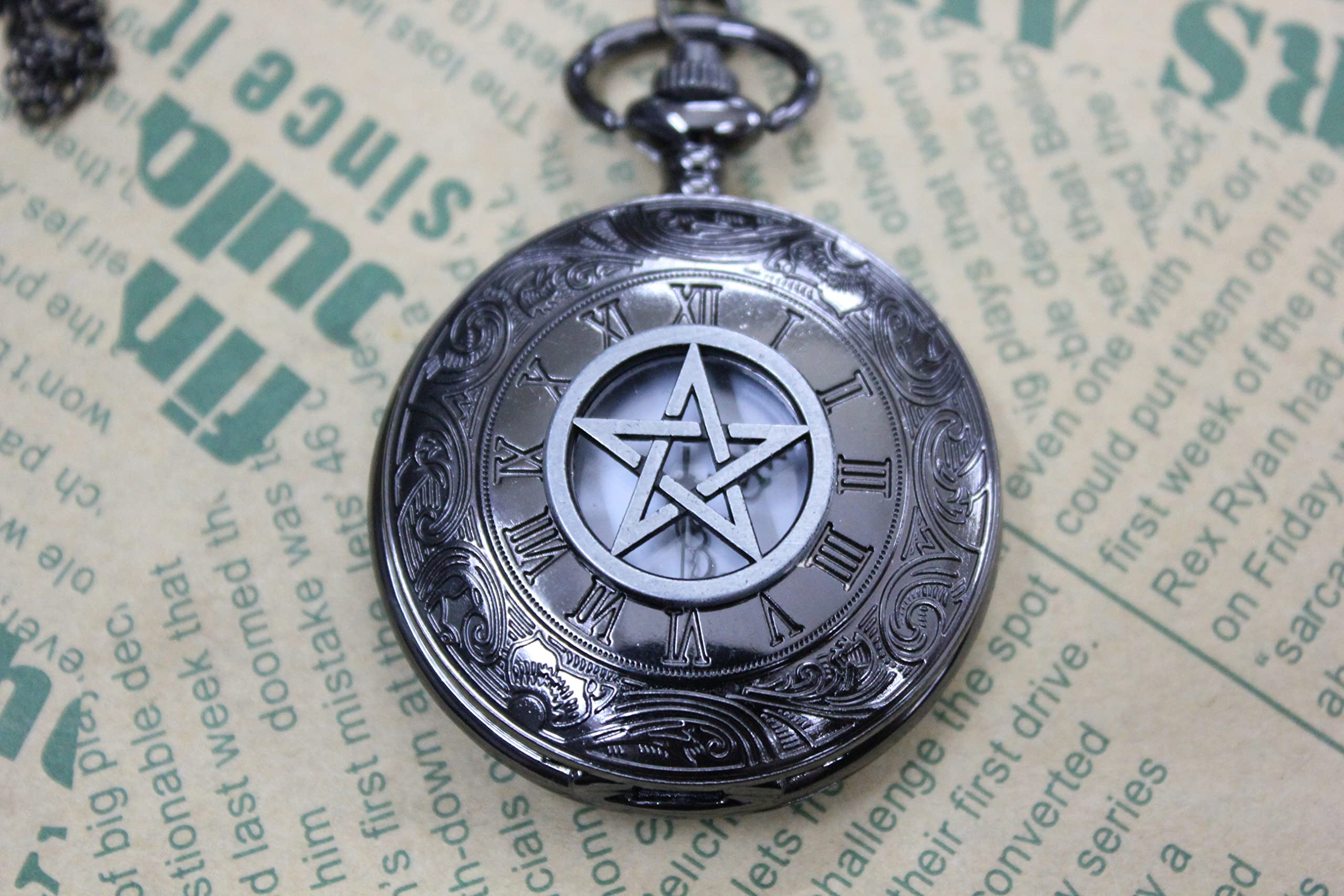 TARAKI Gun Black Pentagram Pocket Watch, Wicca Watch,Pentagram Watch Necklace