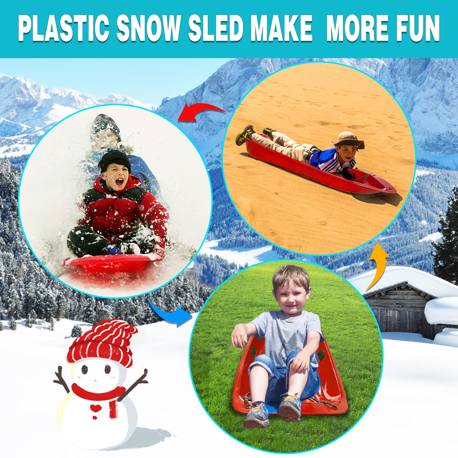 35“Plastic Snow Sled, Sleds for Kids and Adults with Handles （1-Pack）