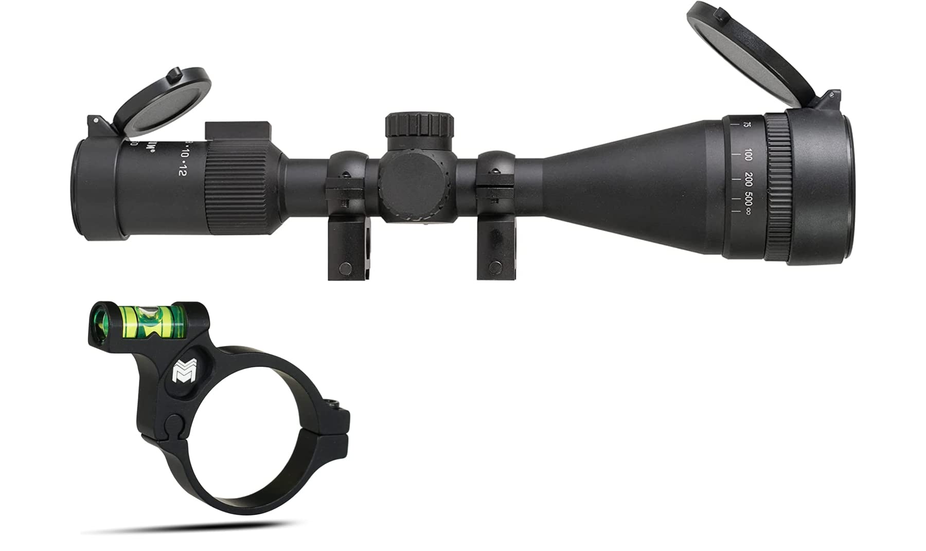 Monstrum Guardian 4-12x50 AO Rifle Scope with Parallax Adjustment | Black | Monstrum Rifle Scope Level Bubble | 1 inch Diameter | Bundle