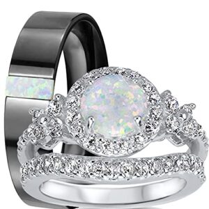 laraso & co his hers trio wedding set titanium band sterling silver white opal bridal engagement ring set him her 9/6