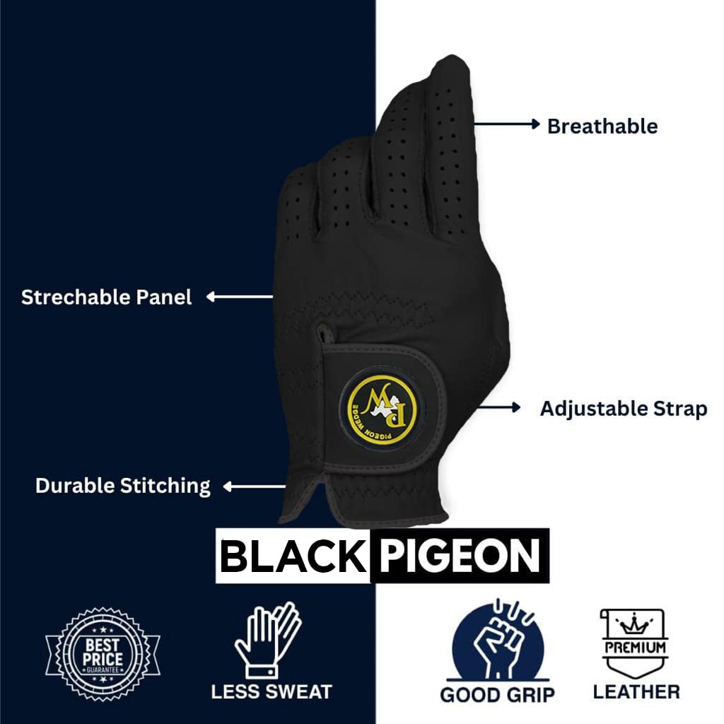 PIGEON WEDGE Leather Golf Glove for Men, Right Handed Golfers, Black, Comfortable Design, Maximum Grip, All Weather Golfing Glove, Worn On Left Hand, Breathable, Durable, Gift for Golfers