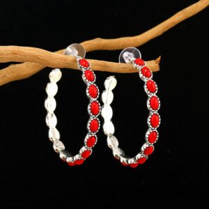 Pingyongchang Boho Turquoise Hoop Earrings for Women Natural Stone Teardrop Beaded Western Cowgirl Statement Earrings Vintage Ethnic Jewelry Gift-Red