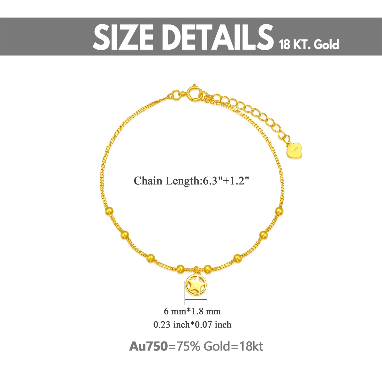 18k Solid Gold Bracelet for Women, Yellow Gold Durable Cuban Chain Bracelet with Dangle Star Jewelry Gift for Her, Wife, Mom, Girls 6.5"-7"