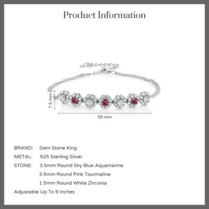 Gem Stone King 925 Sterling Silver Sky Blue Aquamarine and Pink Tourmaline Tennis Bracelet For Women (1.97 Cttw, Gemstone March Birthstone, 7 Inch with 2 Inch Extender)