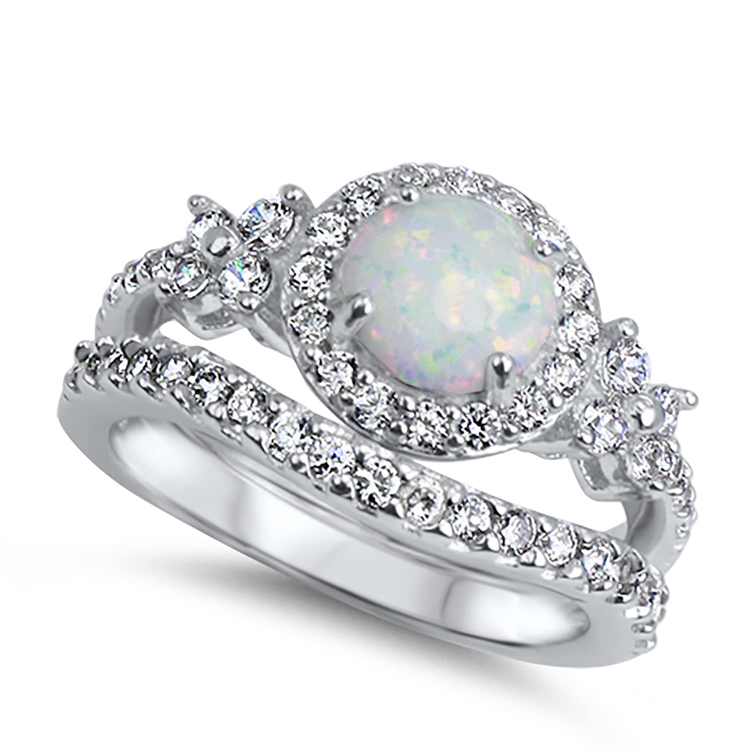 LaRaso & Co His Hers TRIO Wedding Set Titanium Band Sterling Silver White Opal Bridal Engagement Ring Set Him Her 12/9