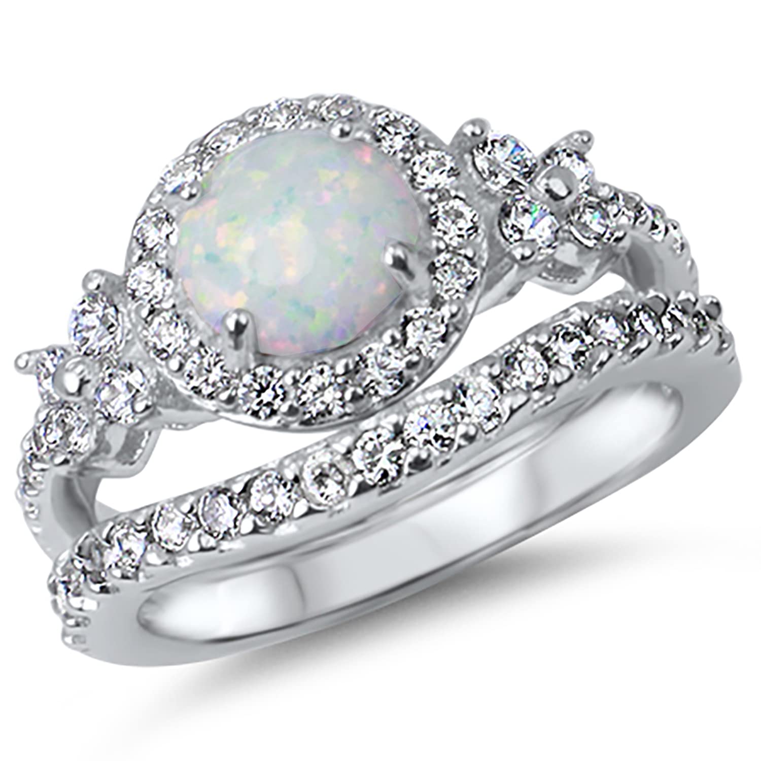 LaRaso & Co His Hers TRIO Wedding Set Titanium Band Sterling Silver White Opal Bridal Engagement Ring Set Him Her 12/9