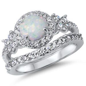 LaRaso & Co His Hers Wedding Set White Opal Bridal Engagement Ring Set Matching Titanium Sterling Silver Bands 10/7