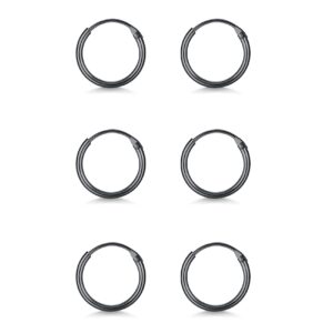 EPIRORA Sterling Silver Hoop Earrings for Women Men, Hypoallergenic Cartilage Earring Endless Small Hoop Earrings Set, 3 Pairs Tragus Earrings (Black,8mmx3)