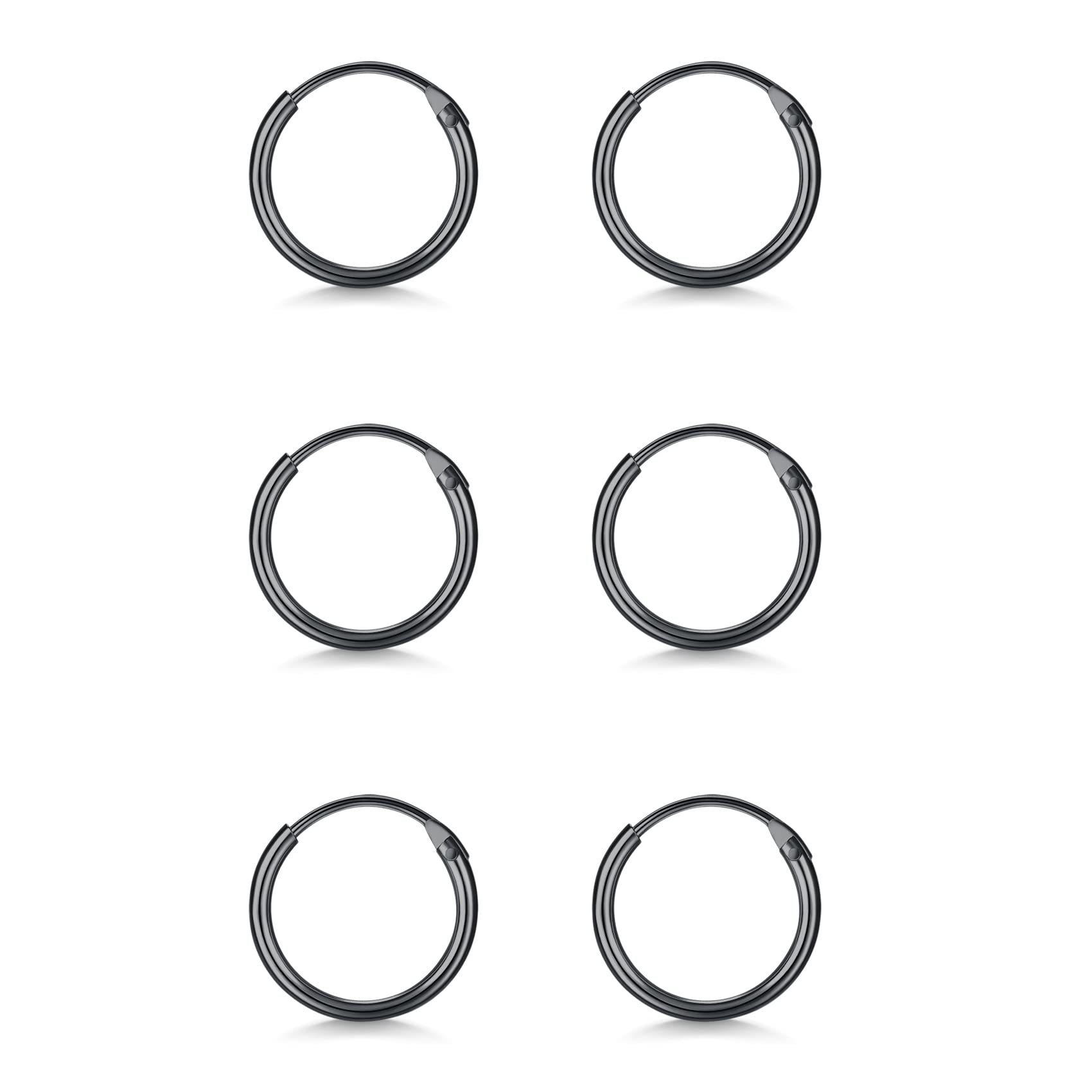 EPIRORA Sterling Silver Hoop Earrings for Women Men, Hypoallergenic Cartilage Earring Endless Small Hoop Earrings Set, 3 Pairs Tragus Earrings (Black,8mmx3)