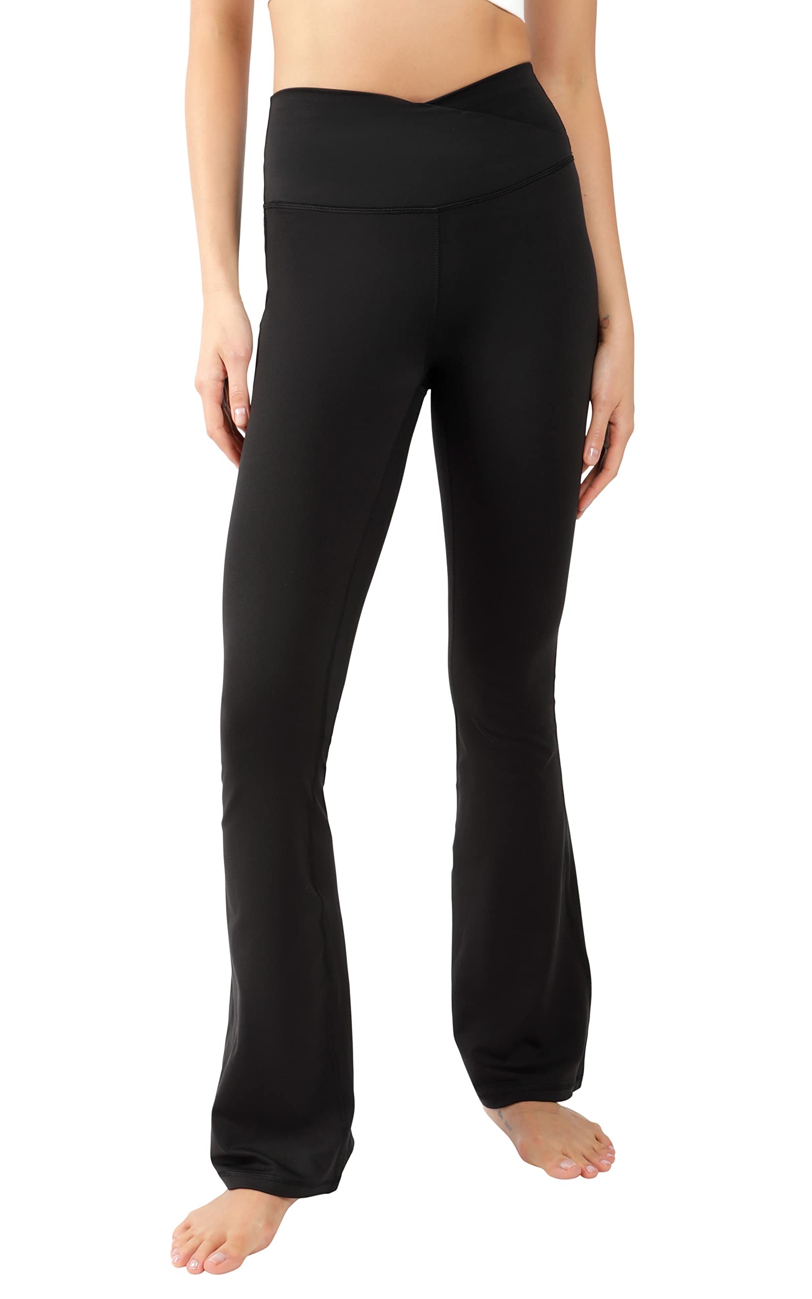 Yogalicious Squat Proof Flare Leg Yoga Pants with High Crossover Waistband - Black - Medium