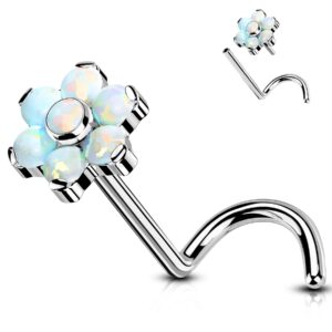 OUFER 20G Nose Studs, Flower Designed White Opal Paved Push-in Nose Rings, G23 Solid Titanium Nose Screw Studs, Nostril Piercing Jewelry for Women and Men