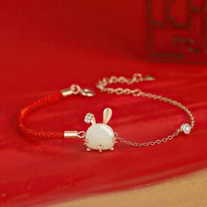 TEMICO 925 Sterling Silver Rabbit Charm Bracelet for Women Adjustable Red String Rope Bracelets Chinese Lunar New Year Birthday Jewelry Gift (Rose Gold-Tone)