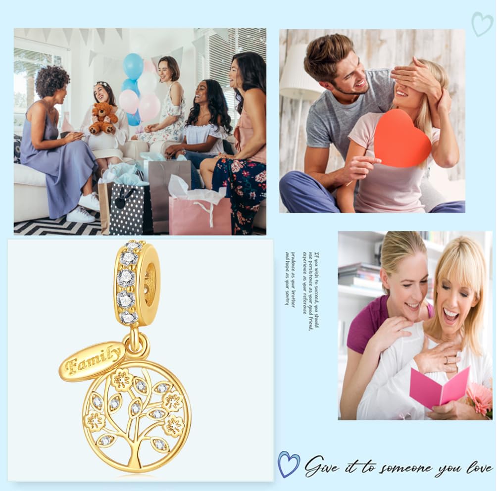 PHCLASY Gold Family Tree Charms for Bracelets and Necklaces 925 Sterling Silver I Love You Pendant Bead Birthday Valentine's Day Jewelry Gifts for Women