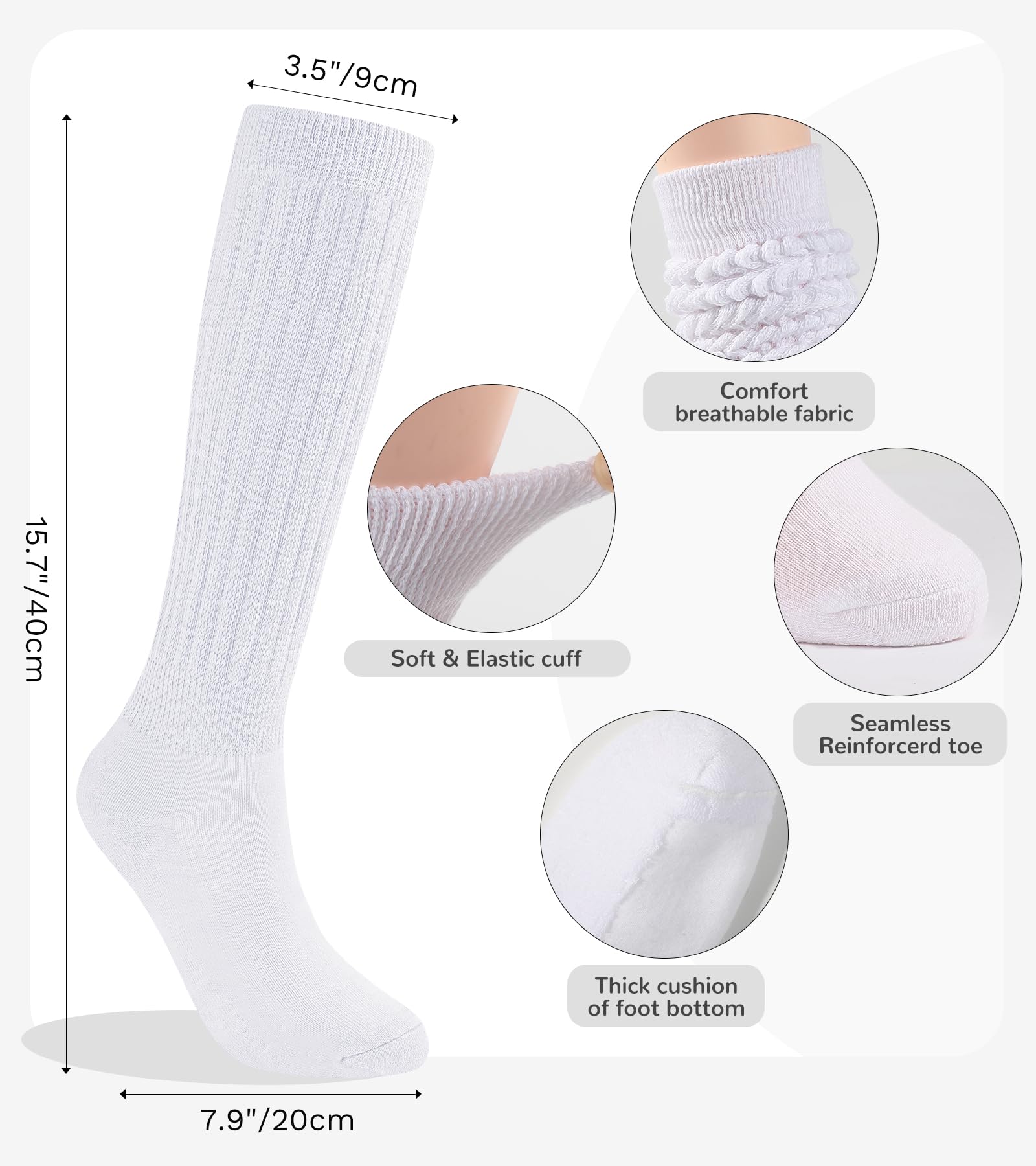 BOOPH Slouch Socks Women Knee High Scrunch Socks for Women Pack of 3 Size 6-11 White