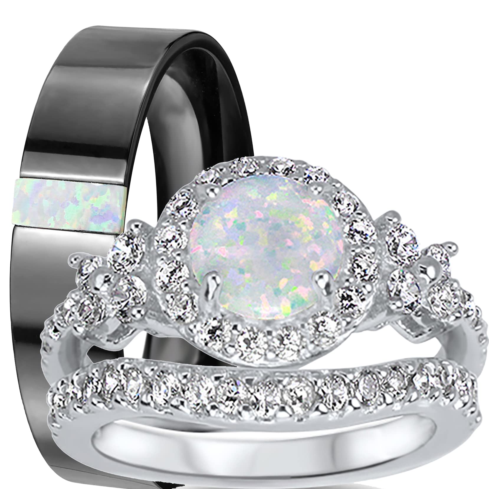 LaRaso & Co His Hers TRIO Wedding Set Titanium Band Sterling Silver White Opal Bridal Engagement Ring Set Him Her 12/9