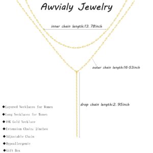 Awvialy Layered Gold Necklaces for Women Dainty Long Gold Necklace 14k Gold Plated Lips Y Chain Necklace Simple Gold lariat Necklace Aesthetic Drop Necklace Cute Choker Necklaces Trendy Gold Jewelry