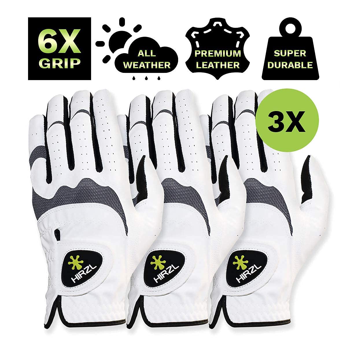 HIRZL Trust Hybrid – Men’s All Weather Golf Glove | Kangaroo Leather - Ultimate Grip and Ergonomic Fit | (White/Black) | Medium Large, Worn on Left Hand - (Pack of 3)