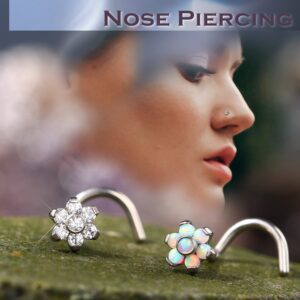 OUFER 20G Nose Studs, Flower Designed White Opal Paved Push-in Nose Rings, G23 Solid Titanium Nose Screw Studs, Nostril Piercing Jewelry for Women and Men