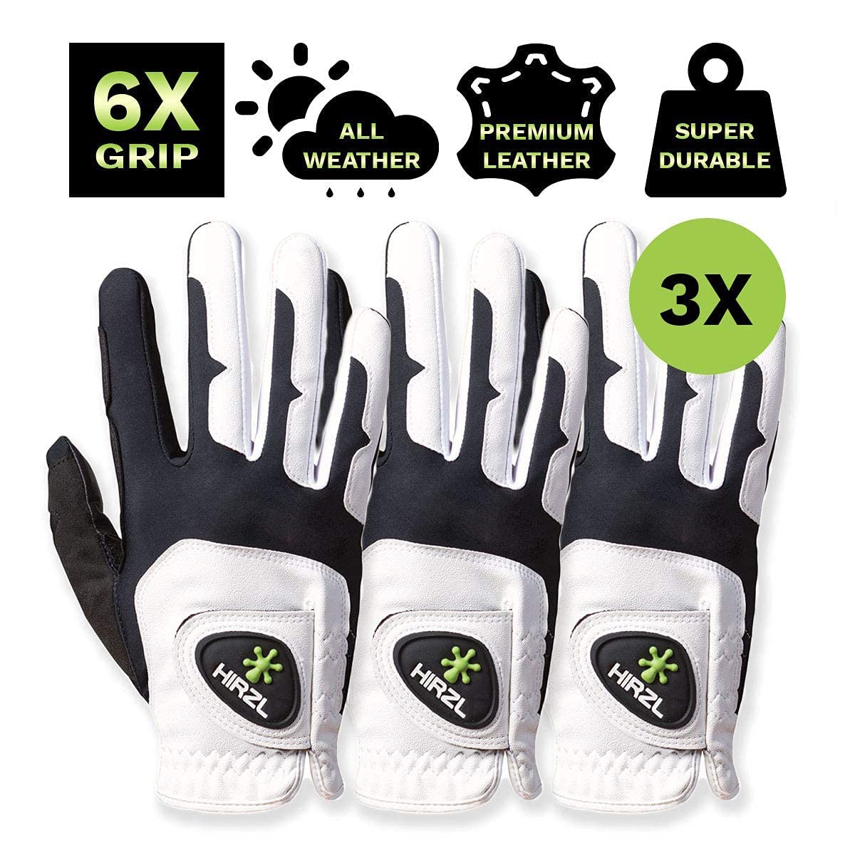 HIRZL GRIPPP FIT – Men's All-Weather Golf Glove (White/Black) | Kangaroo Leather| Ultimate Grip, Large/Extra Large, Worn on Right Hand (Pack of 3)